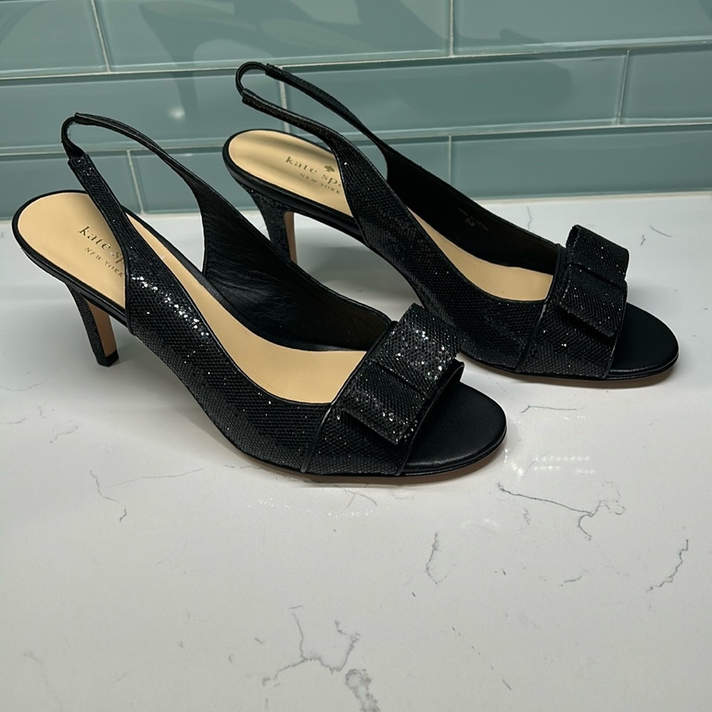 Kate Spade Never Worn Black Charm Bow Glitter Sling backs. Size 8.5.